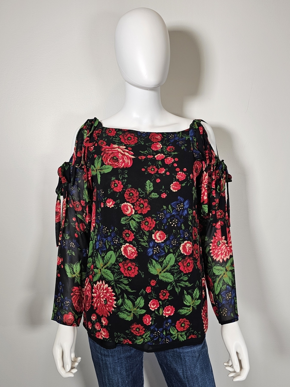 Club Monaco Black Flowy Floral Silk Blouse Sz M